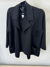 Load image into Gallery viewer, Malissa J WF2640 black reversible studded cardigan—women’s knitwear with studded pockets and cuffs, versatile layering piece
