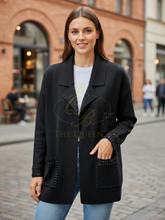 Load image into Gallery viewer, Malissa J WF2640 black reversible studded cardigan—women’s knitwear with studded pockets and cuffs, versatile layering piece
