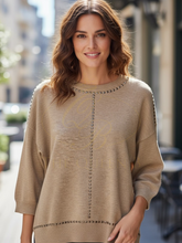 Load image into Gallery viewer, Malissa J WF2641 stone round neck studded knitted jumper - women’s embellished knitwear in neutral beige for day-to-night outfits
