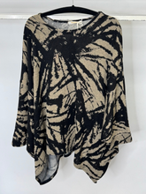 Load image into Gallery viewer, Malissa J ASH-35 stone and black oversized round neck panel top - women’s abstract print long sleeve top with asymmetrical hem, chic smart-casual top.
