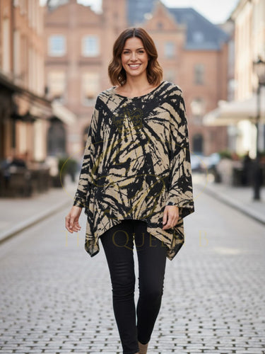 Malissa J ASH-35 stone and black oversized round neck panel top - women’s abstract print long sleeve top with asymmetrical hem, chic smart-casual top.