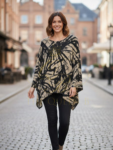 Malissa J ASH-35 stone and black oversized round neck panel top - women’s abstract print long sleeve top with asymmetrical hem, chic smart-casual top.