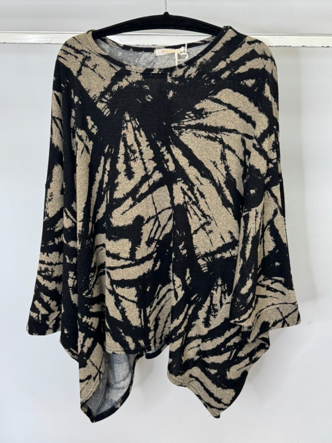 Malissa J ASH-35 stone and black oversized round neck panel top - women’s abstract print long sleeve top with asymmetrical hem, chic smart-casual top.