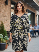 Load image into Gallery viewer, Malissa J ASH-37 stone and black round neck panel dress – women’s one size abstract print long sleeve dress with flowing hemline, perfect for smart-casual and evening styling.
