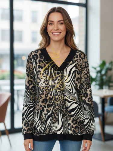 Malissa J ASH-38 women’s black multi v-neck top – long sleeve blouse with bold print, perfect smart casual and evening wear fashion.