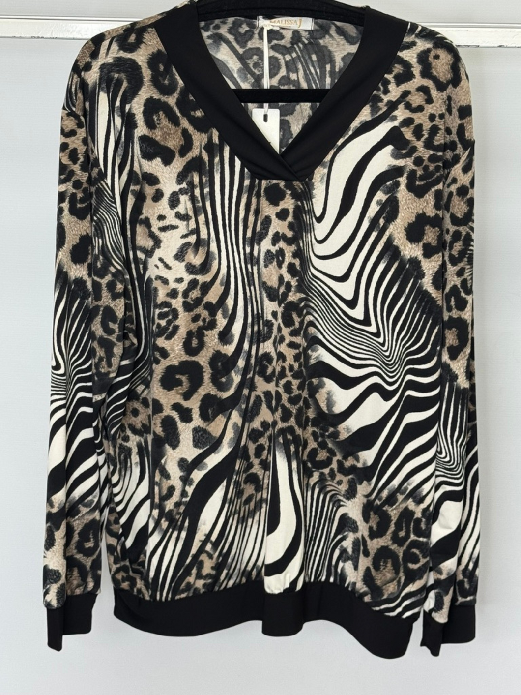Malissa J ASH-38 women’s black multi v-neck top – long sleeve blouse with bold print, perfect smart casual and evening wear fashion.