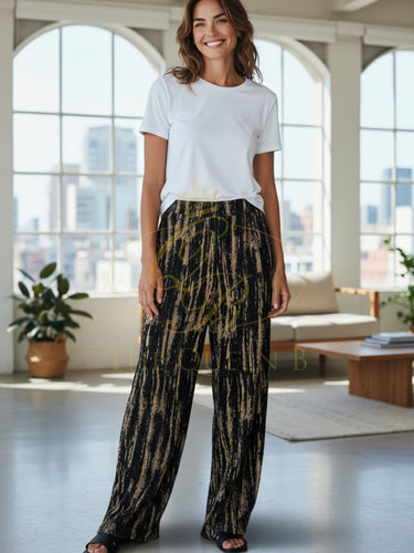Malissa J ASH-48 Black/Gold Velvet Trousers – women’s luxury velvet trousers with elasticated waistband, straight-leg fit,and metallic shimmer, perfect for evening wear and special occasions.