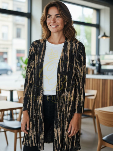 Malissa J ASH-49 women’s black and gold velvet waterfall cardigan, luxury open-front velvet cardigan for evening wear, parties and chic layering.