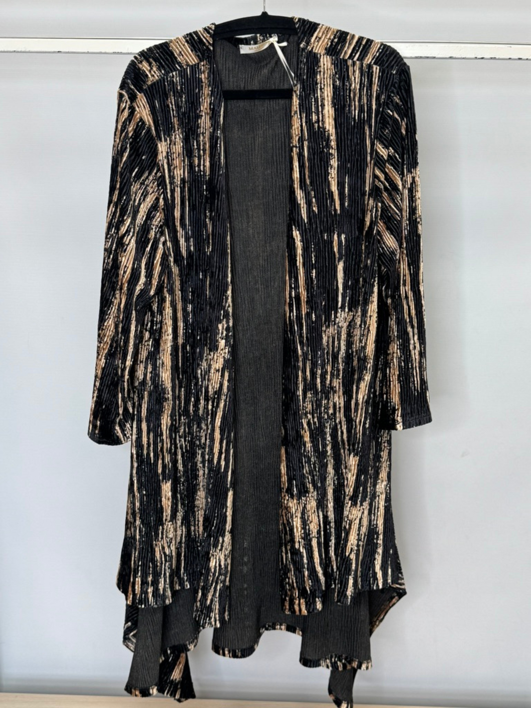 Malissa J ASH-49 women’s black and gold velvet waterfall cardigan, luxury open-front velvet cardigan for evening wear, parties and chic layering.