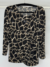 Load image into Gallery viewer, Malissa J ASH-51 women’s black multi print top with knot front detail – long sleeve blouse, elegant evening and smart casual fashion top.

