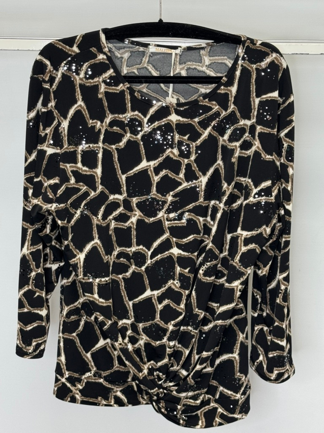 Malissa J ASH-51 women’s black multi print top with knot front detail – long sleeve blouse, elegant evening and smart casual fashion top.