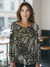 Load image into Gallery viewer, Malissa J ASH-52 black multi oversized animal print top - women’s zebra and leopard mix long sleeve blouse, stylish loose fit top for casual and evening wear
