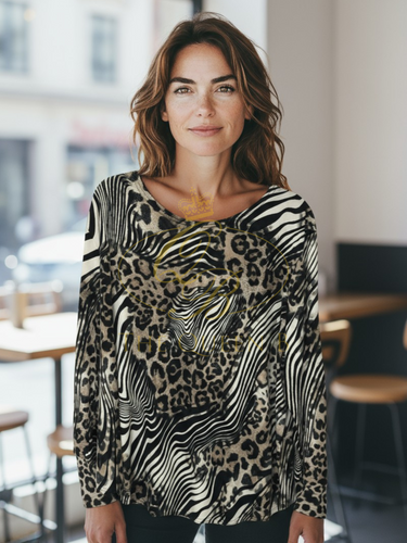 Malissa J ASH-52 black multi oversized animal print top - women’s zebra and leopard mix long sleeve blouse, stylish loose fit top for casual and evening wear