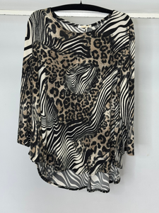Malissa J ASH-52 black multi oversized animal print top - women’s zebra and leopard mix long sleeve blouse, stylish loose fit top for casual and evening wear