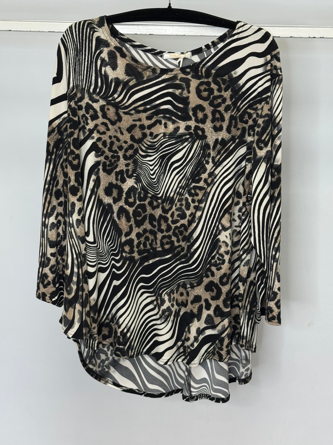 Malissa J ASH-52 black multi oversized animal print top - women’s zebra and leopard mix long sleeve blouse, stylish loose fit top for casual and evening wear