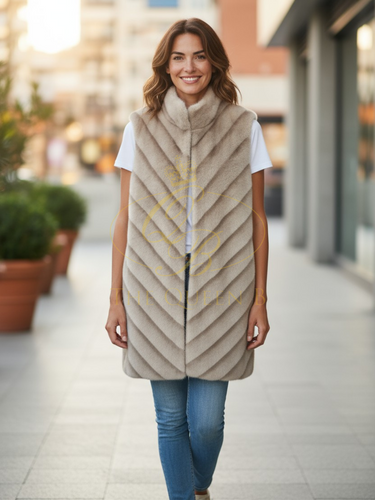 Malissa J GC20523 Stone Longline Gilet -women’s faux fur sleeveless stone gilet with chevron swirl design, elegant layering piece.