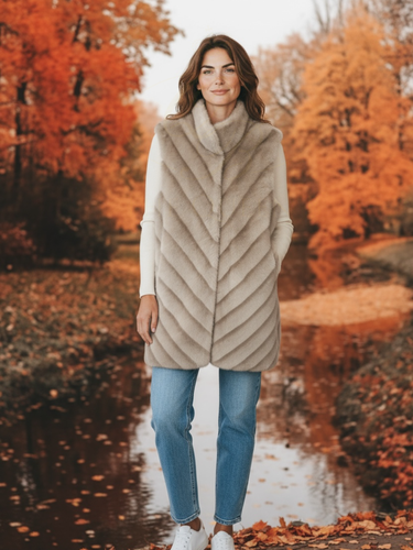 Malissa J GC20523 Stone Longline Gilet -women’s faux fur sleeveless stone gilet with chevron swirl design, elegant layering piece.