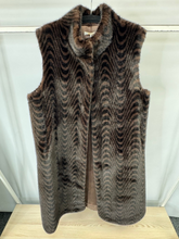 Load image into Gallery viewer, Malissa J GC20523 Swirl Longline Gilet - women’s faux fur sleeveless brown longline gilet with swirl pattern, luxury layering piece.
