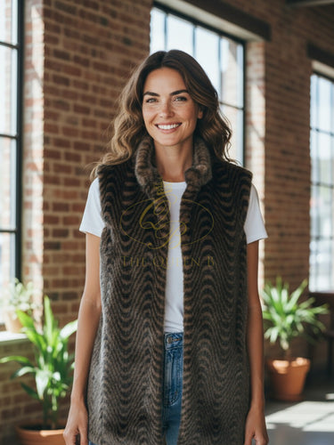 Malissa J GC20523 Swirl Longline Gilet - women’s faux fur sleeveless brown longline gilet with swirl pattern, luxury layering piece.