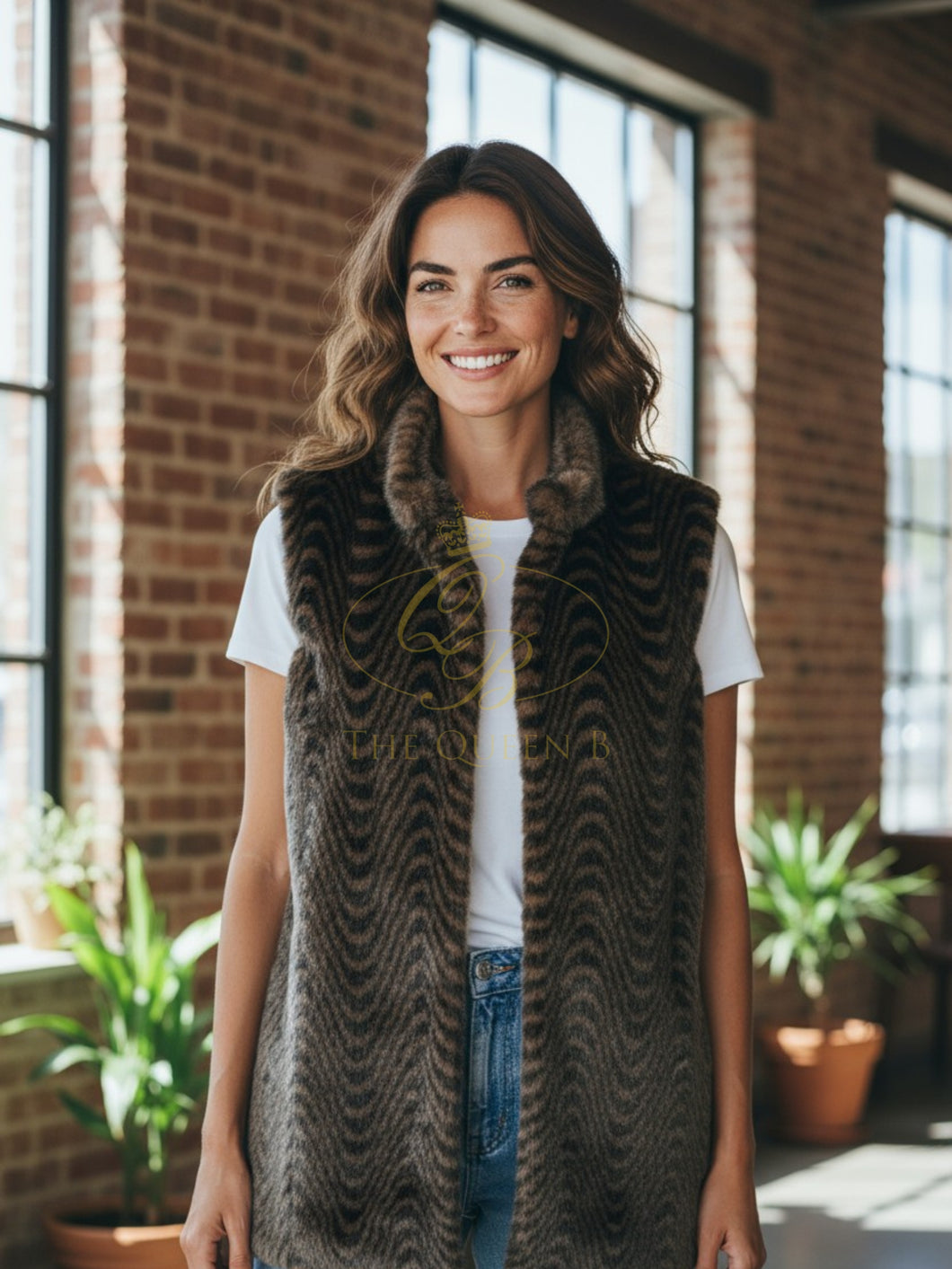 Malissa J GC20523 Swirl Longline Gilet - women’s faux fur sleeveless brown longline gilet with swirl pattern, luxury layering piece.