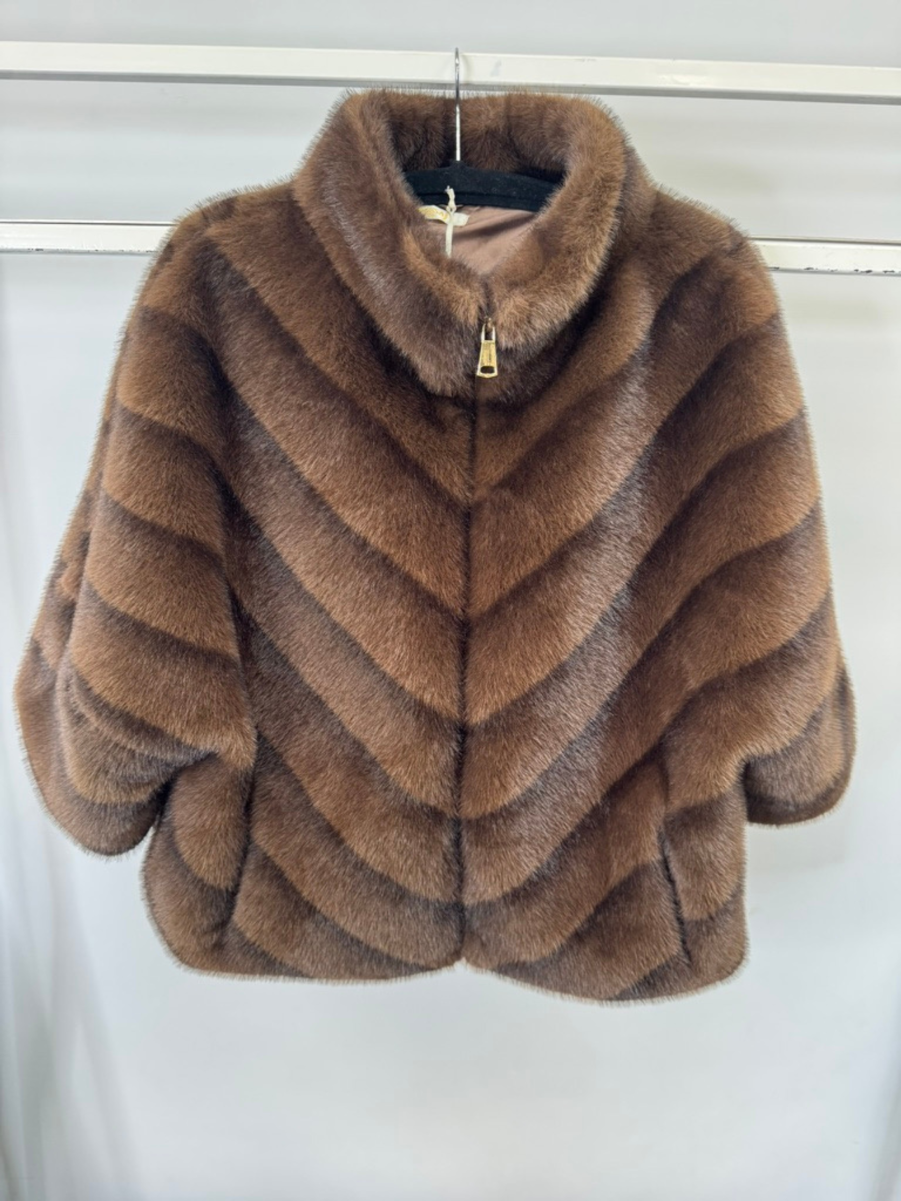 Malissa J GC20527 brown faux fur jacket with high collar - luxury women’s winter coat for stylish cold-weather outfits.