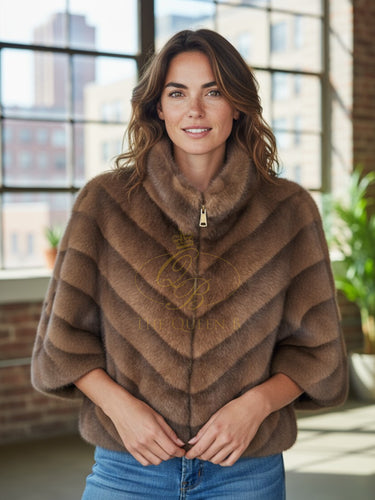 Malissa J GC20527 brown faux fur jacket with high collar - luxury women’s winter coat for stylish cold-weather outfits.