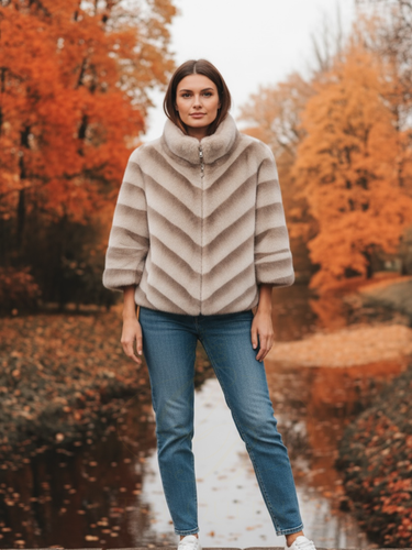 Malissa J stone faux fur jacket with funnel neckline – women’s luxury zip-up faux fur coat for evening wear, winter events and stylish layering