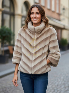 Malissa J stone faux fur jacket with funnel neckline – women’s luxury zip-up faux fur coat for evening wear, winter events and stylish layering