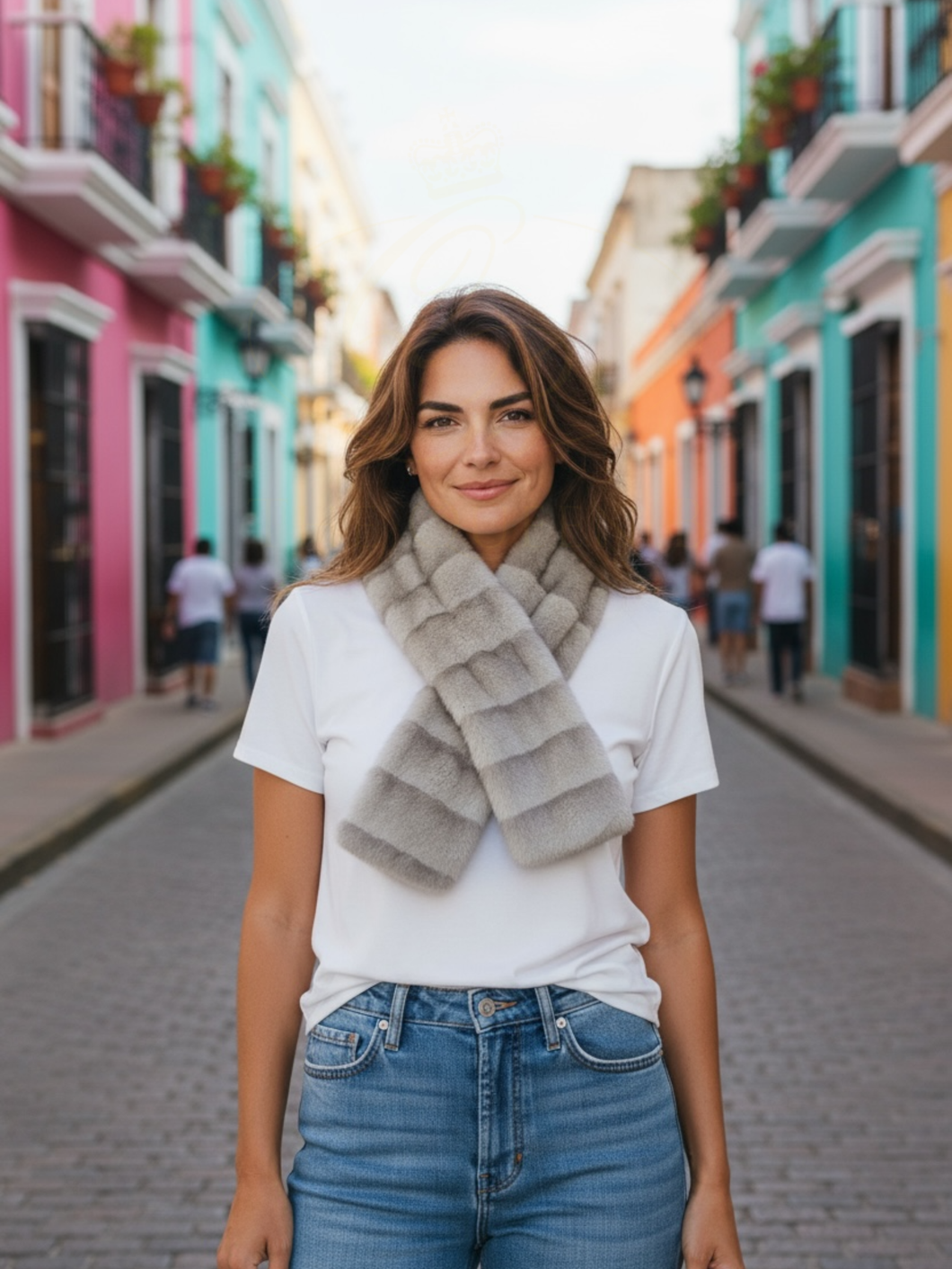 Malissa J GC20532 Stone Faux Fur Collar Style Scarf – women’s luxury stone faux fur scarf with soft plush texture and elegant collar design. Chic winter accessory for stylish layering and cold-weather outfits.