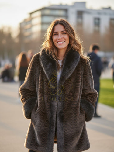 Malissa J swirl faux fur coat in brown with black trim - women’s luxury mid-length faux fur jacket, elegant winter evening and occasion coat