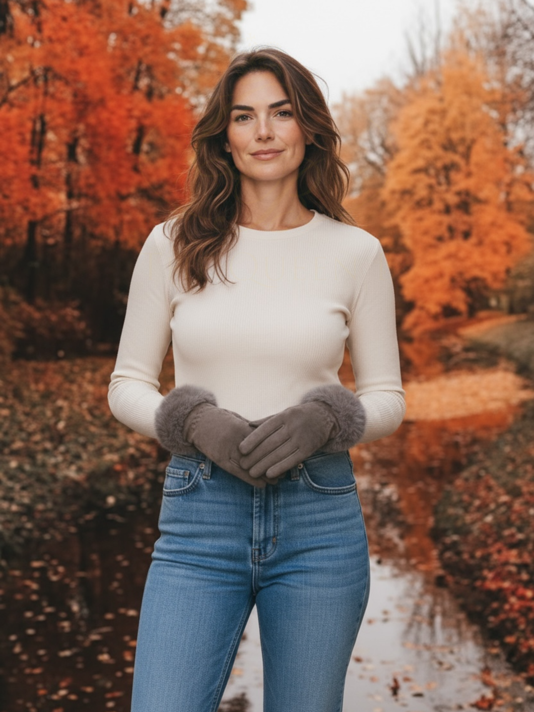 Malissa J GC20626A Stone Mock Suede Gloves with Faux Fur Trim – women’s luxury mock suede gloves in stone with soft faux fur cuffs. Elegant, warm winter gloves perfect for stylish cold-weather outfits.
