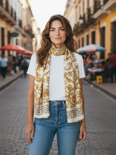 Malissa J GC21256 Stone Geo Design Printed Satin Scarf – luxury women’s satin scarf in soft stone and gold baroque geometric print. Elegant lightweight accessory perfect for day-to-night styling.