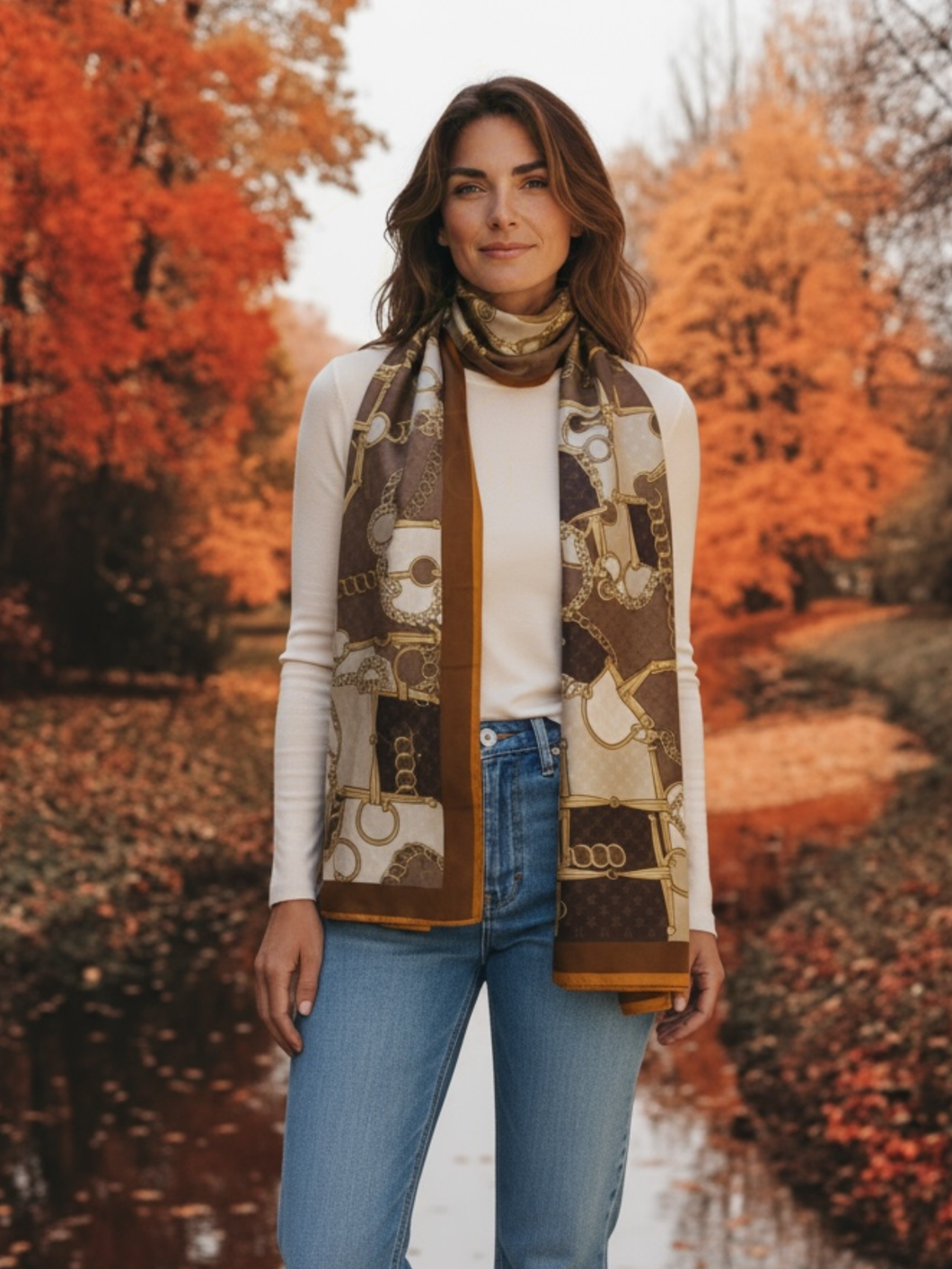 Malissa J GC21259 Brown Chain Printed Satin Scarf – luxury women’s satin scarf in rich brown tones with gold chain equestrian print and caramel border. Elegant lightweight accessory for day-to-night styling.