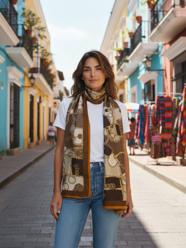 Malissa J GC21259 Brown Chain Printed Satin Scarf – luxury women’s satin scarf in rich brown tones with gold chain equestrian print and caramel border. Elegant lightweight accessory for day-to-night styling.