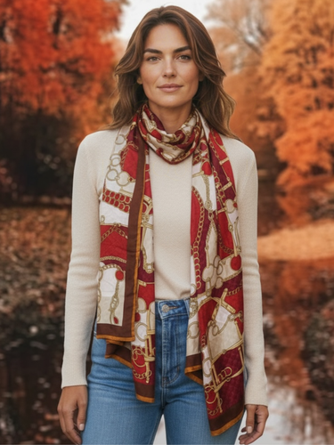 Malissa J GC21259 Wine Chain Printed Satin Scarf – luxury women’s satin scarf in deep wine tones with gold chain equestrian print and contrast border. Elegant lightweight accessory for timeless day-to-night styling.