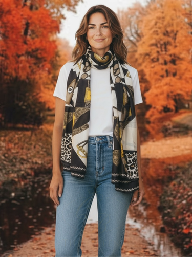 Malissa J GC21261 Black Leopard and Bag Design Printed Satin Scarf – women’s satin fashion scarf in black with leopard and bag motif. Luxurious, soft and elegant accessory for day-to-night styling.