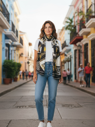 Malissa J GC21261 Black Leopard and Bag Design Printed Satin Scarf – women’s satin fashion scarf in black with leopard and bag motif. Luxurious, soft and elegant accessory for day-to-night styling.