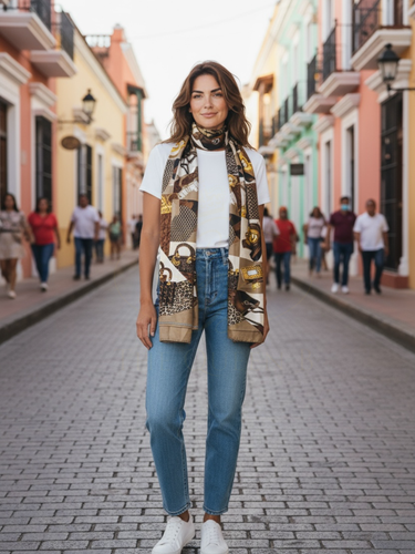 Malissa J GC21261 Brown Leopard and Bag Design Printed Satin Scarf – women’s satin fashion scarf with leopard and bag motif. Lightweight, soft and elegant accessory for timeless day-to-night styling.