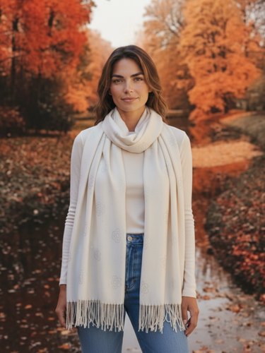 Malissa J GC21283 Oyster Flower Studded Scarf with Tassel Detail – women’s luxury soft-touch scarf in oyster with floral stud embellishments and tassel trim. Elegant neutral accessory for chic day-to-night styling.