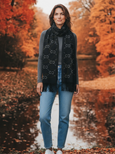 Malissa J GC21284 Black Studded Tassel Scarf – women’s luxury black winter scarf with metallic stud detailing and tassel trim. Soft-touch fabric, elegant cold-weather accessory for day-to-night fashion styling.