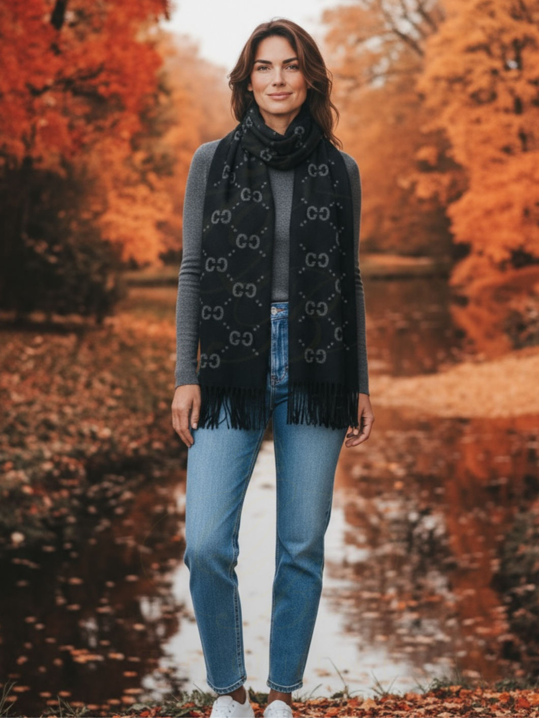Malissa J GC21284 Black Studded Tassel Scarf – women’s luxury black winter scarf with metallic stud detailing and tassel trim. Soft-touch fabric, elegant cold-weather accessory for day-to-night fashion styling.