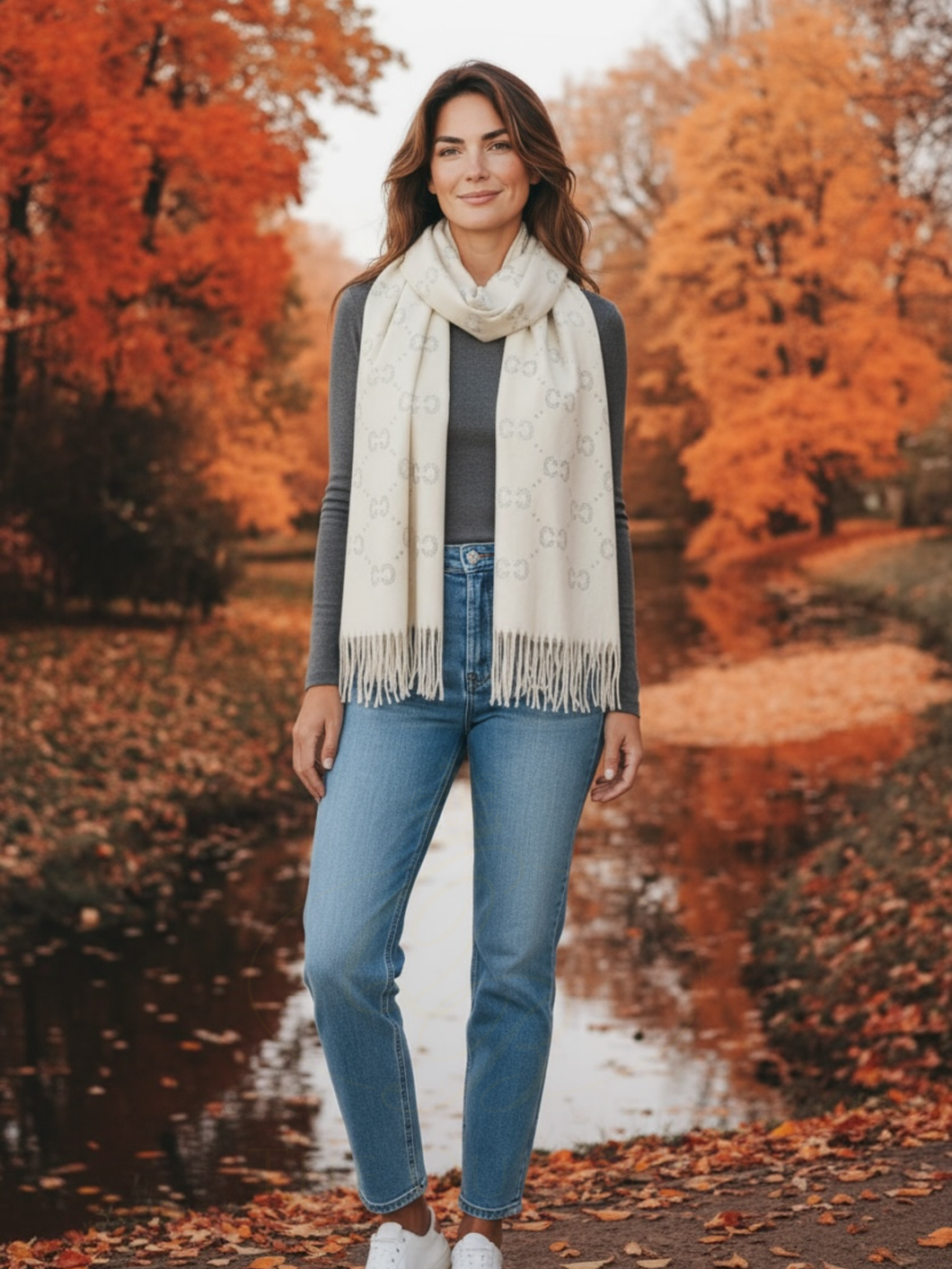Malissa J GC21284 White Studded Tassel Scarf – women’s elegant soft-touch winter scarf in white with metallic stud embellishments and tassel trim. Luxury cold-weather accessory for day-to-night fashion styling.