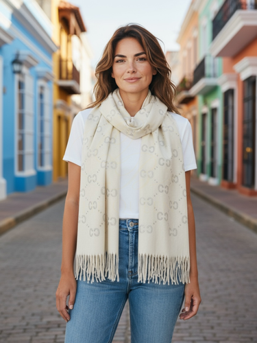 Malissa J GC21284 White Studded Tassel Scarf – women’s elegant soft-touch winter scarf in white with metallic stud embellishments and tassel trim. Luxury cold-weather accessory for day-to-night fashion styling.