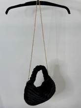 Load image into Gallery viewer, Malissa J GC21344 black horseshoe faux fur bag with swirl design and gold chain strap-luxury women’s statement handbag.
