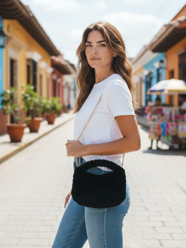 Malissa J GC21344 black horseshoe faux fur bag with swirl design and gold chain strap-luxury women’s statement handbag.