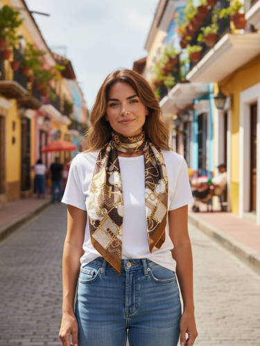 Malissa J GC21351 Tan Chain Printed Satin Scarf – luxury women’s satin scarf with gold chain design in tan and brown tones. Elegant printed scarf for chic day-to-night fashion styling.