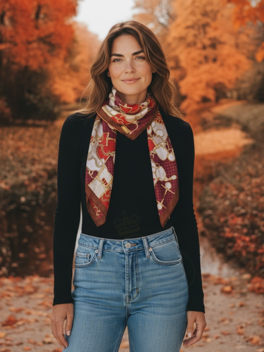 Malissa J GC21351 Wine Chain Printed Satin Scarf – luxury women’s satin scarf with gold chain design in rich wine tones. Elegant printed scarf for chic day-to-night fashion styling.
