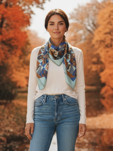 Malissa J GC21352 Blue Leopard Print Design Satin Scarf – luxury women’s satin scarf with leopard bag and watch print in blue tones. Elegant printed