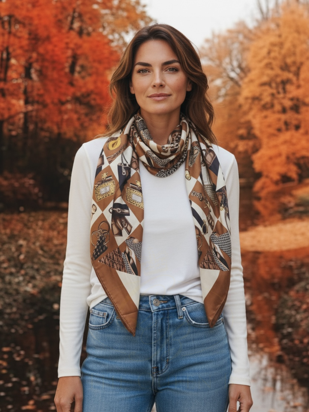 Malissa J GC21352 Tan Leopard Print Design Satin Scarf – luxury women’s satin scarf with leopard, bag and watch motif in rich tan tones. Elegant printed scarf for stylish day-to-night accessorising.