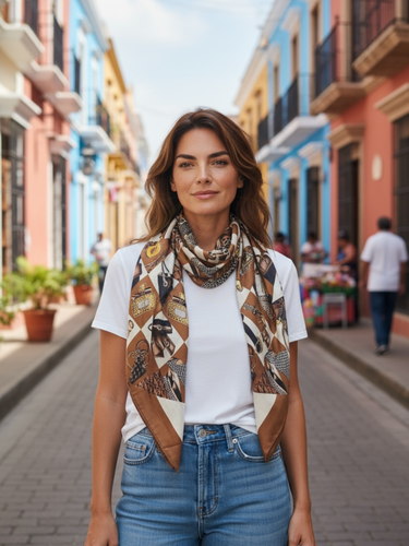 Malissa J GC21352 Tan Leopard Print Design Satin Scarf – luxury women’s satin scarf with leopard, bag and watch motif in rich tan tones. Elegant printed scarf for stylish day-to-night accessorising.